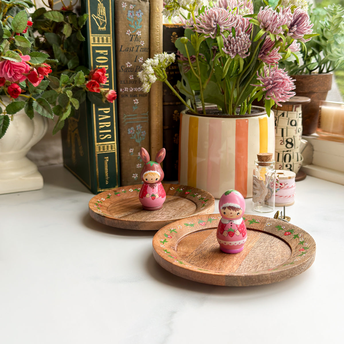 Hand Painted Strawberry Girl Thread Spool Wood Tray | Choose style