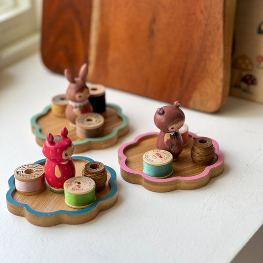 Hand Painted Cute Critter Thread Spool Wood Tray | Choose Style