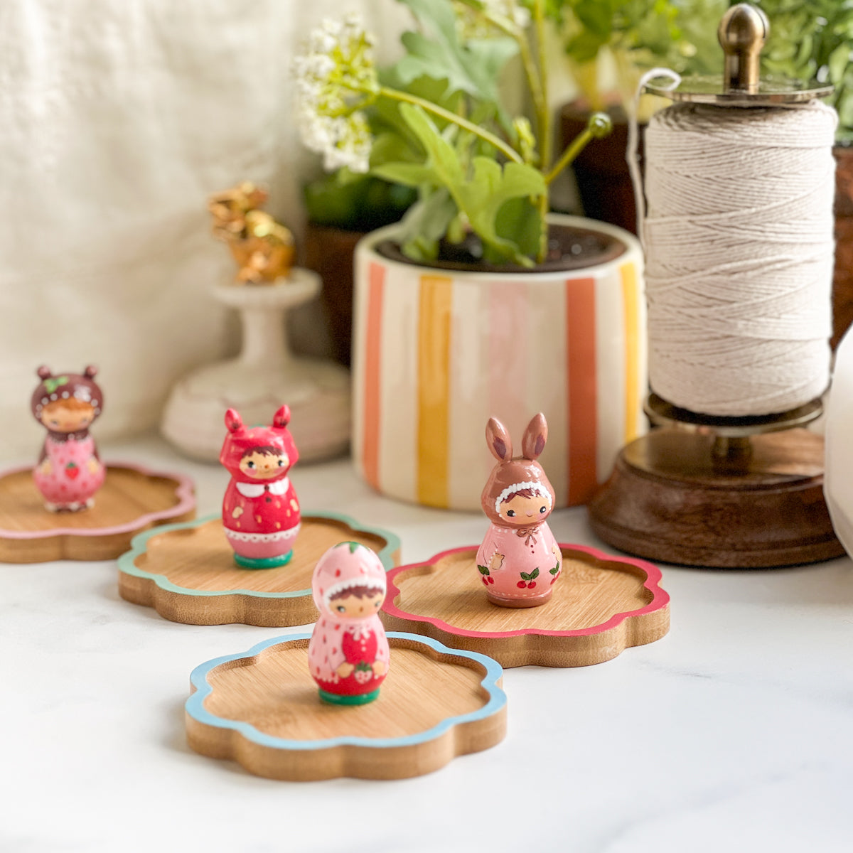 Hand Painted Strawberry/Cherry Girl Thread Spool Wood Tray | Choose No.20, 21, 22, 23