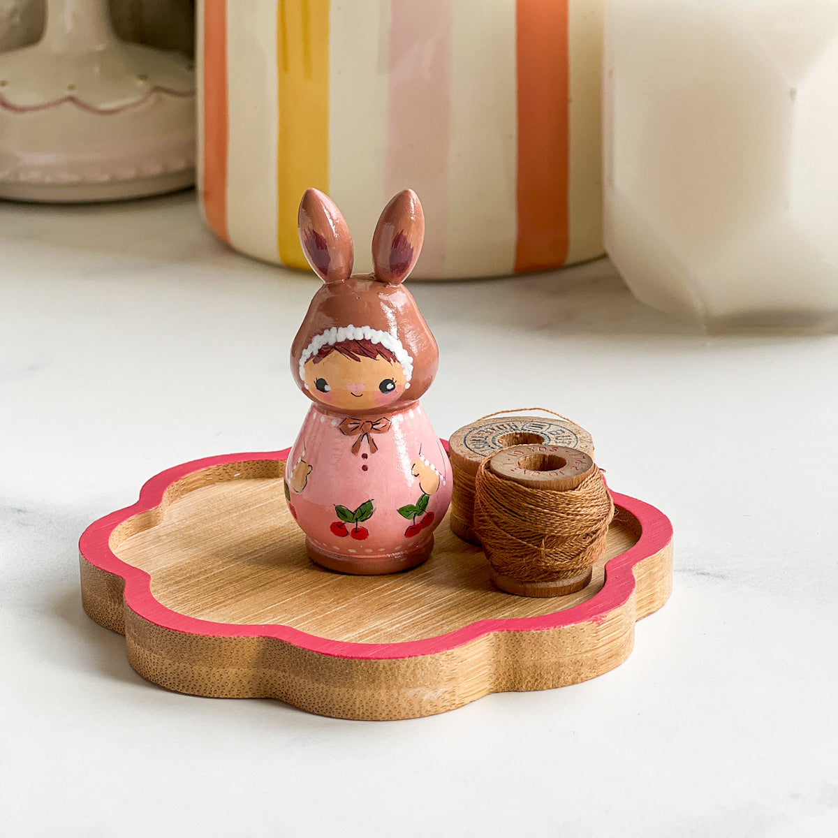 Hand Painted Strawberry/Cherry Girl Thread Spool Wood Tray | Choose No.20, 21, 22, 23