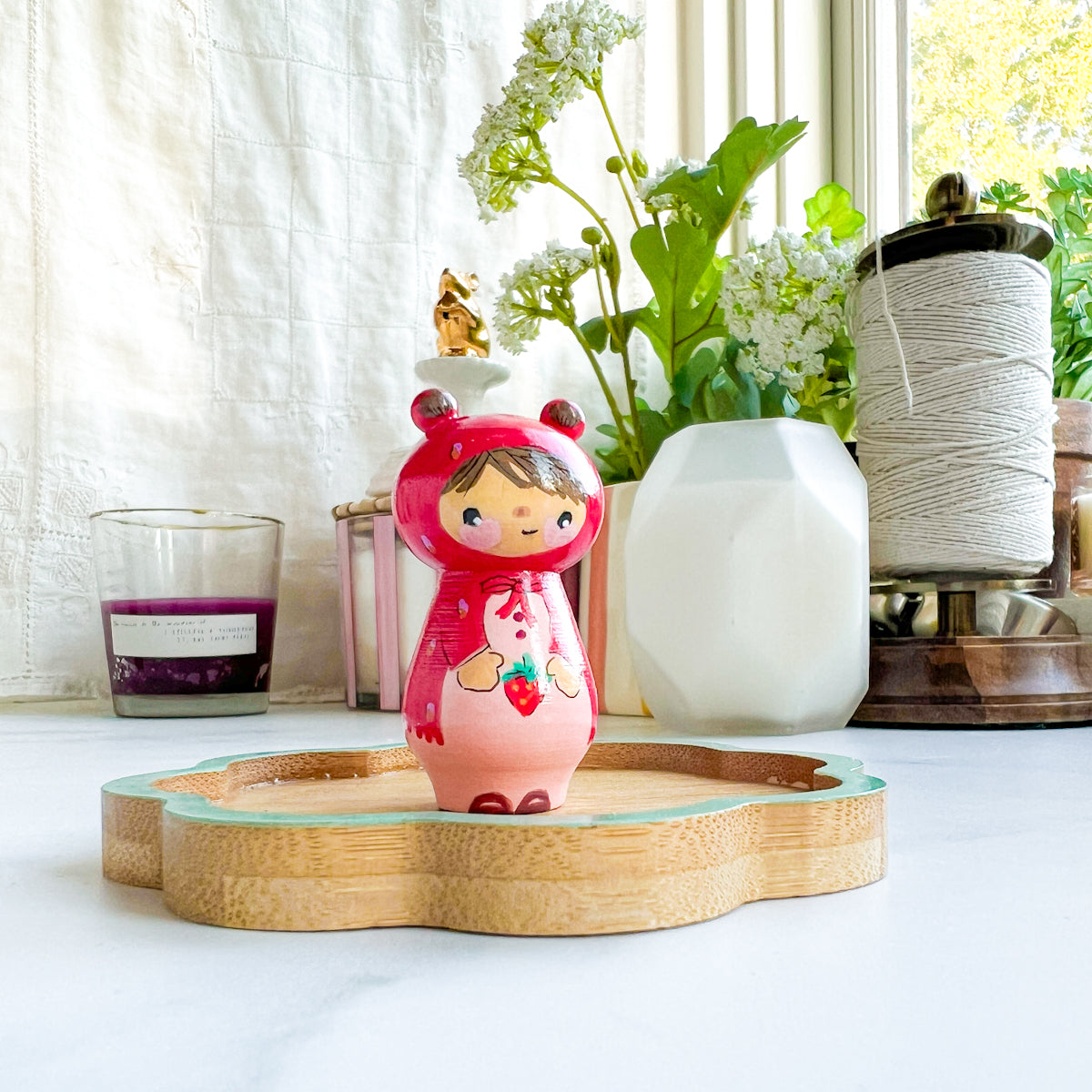 Hand Painted Strawberry Girl Thread Spool Wood Tray | Choose No.27, 28, 29