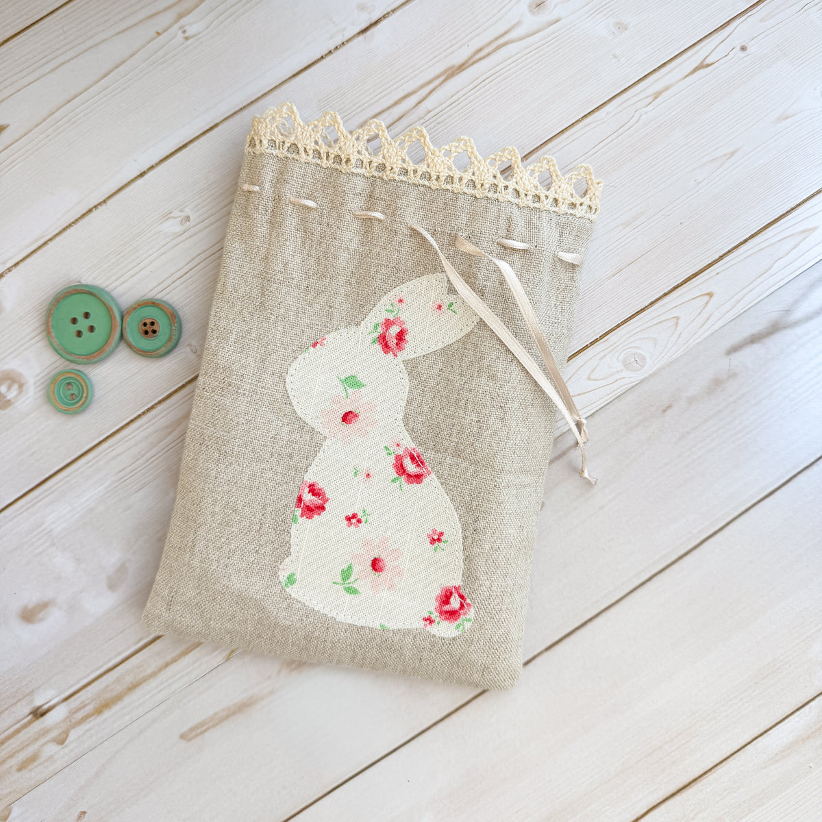 Handmade Bunny Appliqué Linen Lined Drawstring Treat Bag