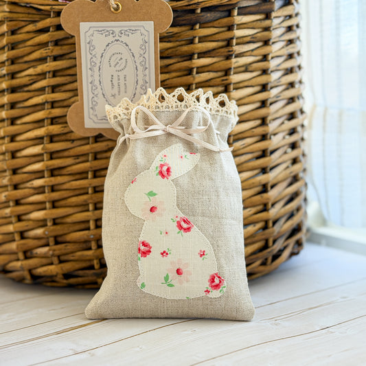 Handmade Bunny Appliqué Linen Lined Drawstring Treat Bag