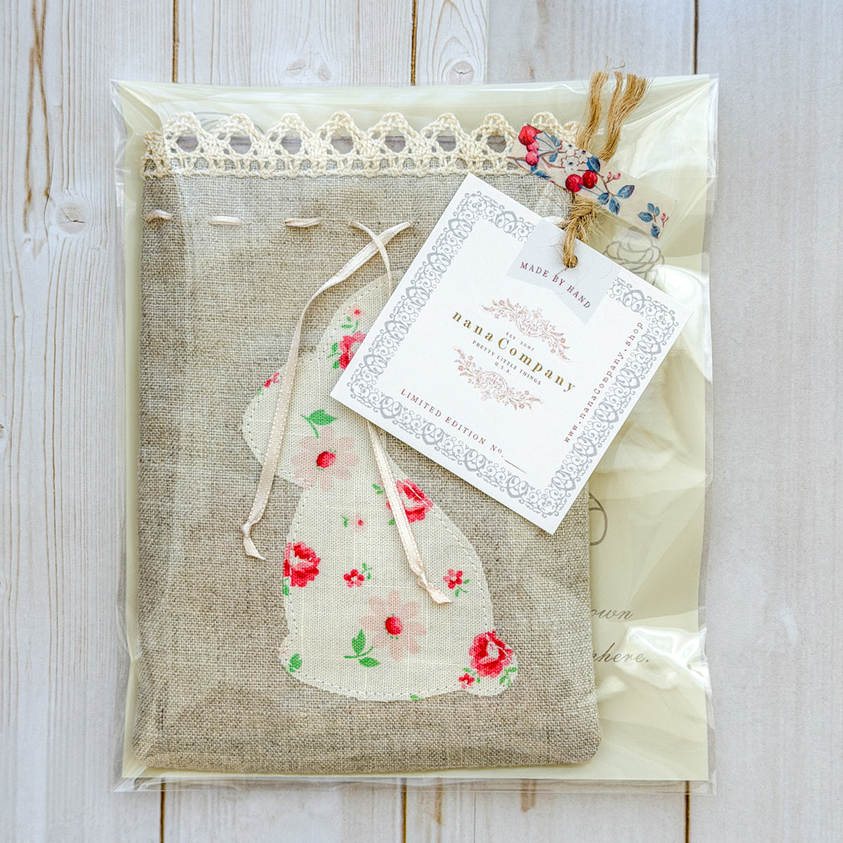 Handmade Bunny Appliqué Linen Lined Drawstring Treat Bag