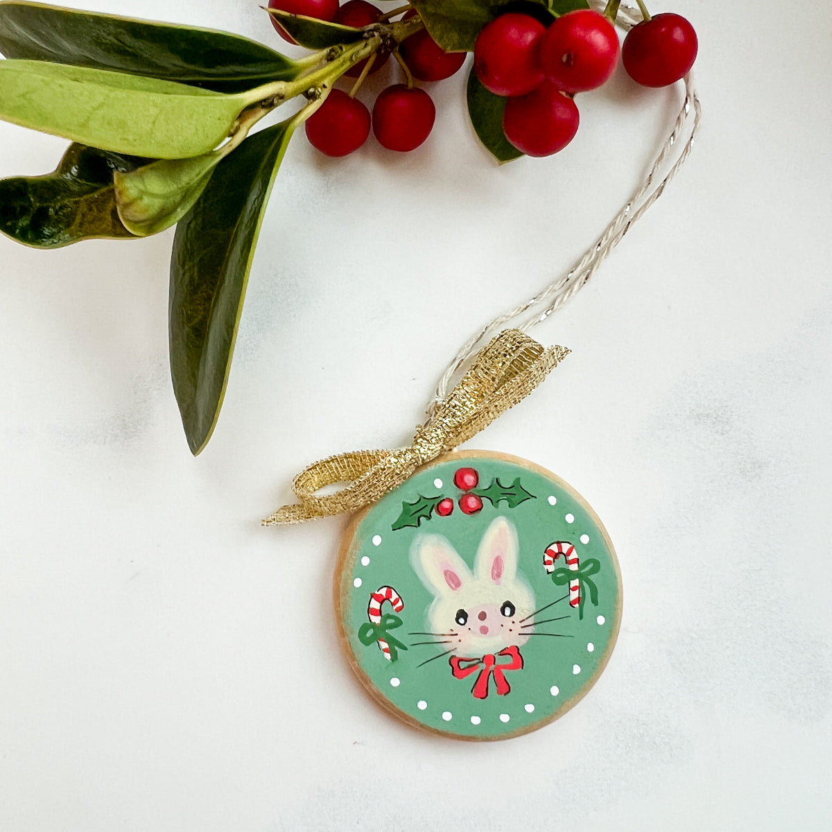 Holiday Christmas Hand-Painted Round Wood Tag Gift Topper Ornaments - Bunny