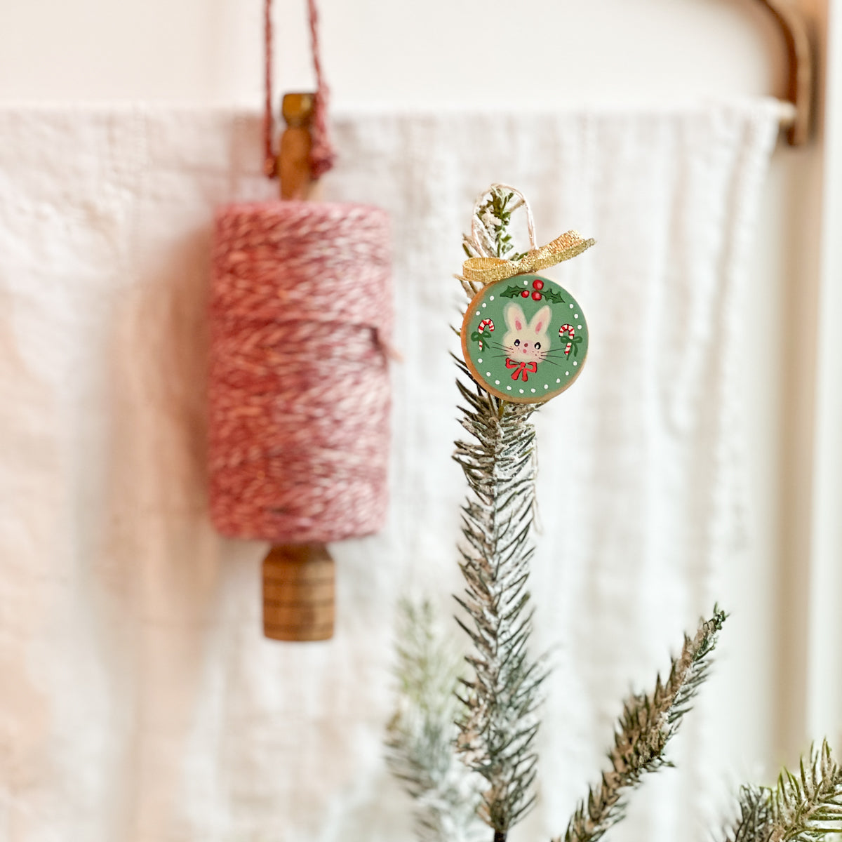 Holiday Christmas Hand-Painted Round Wood Tag Gift Topper Ornaments - Bunny