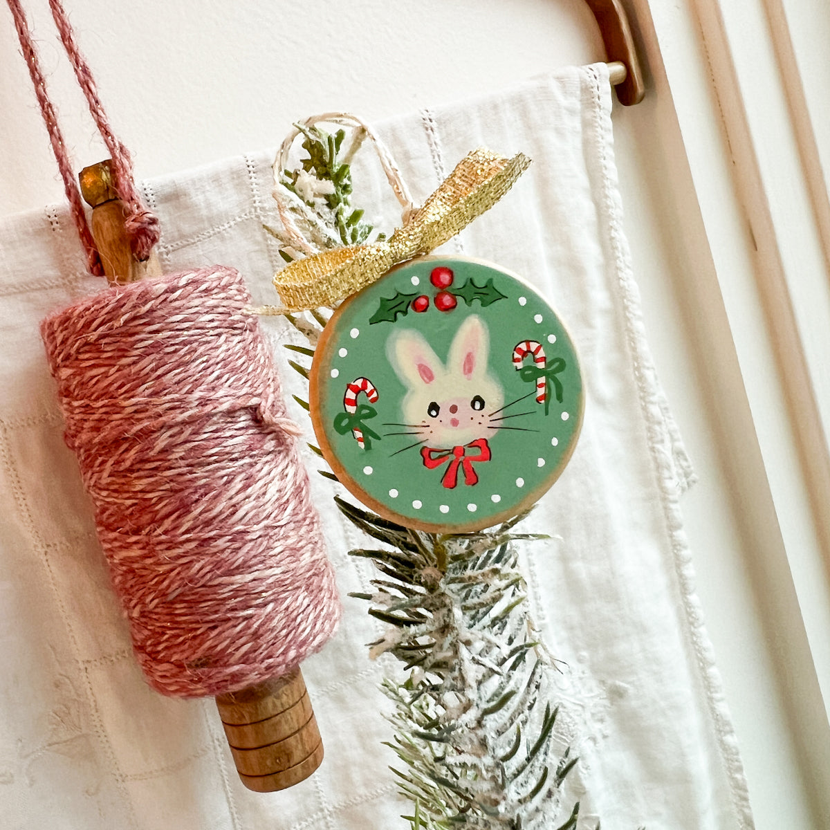 Holiday Christmas Hand-Painted Round Wood Tag Gift Topper Ornaments - Bunny