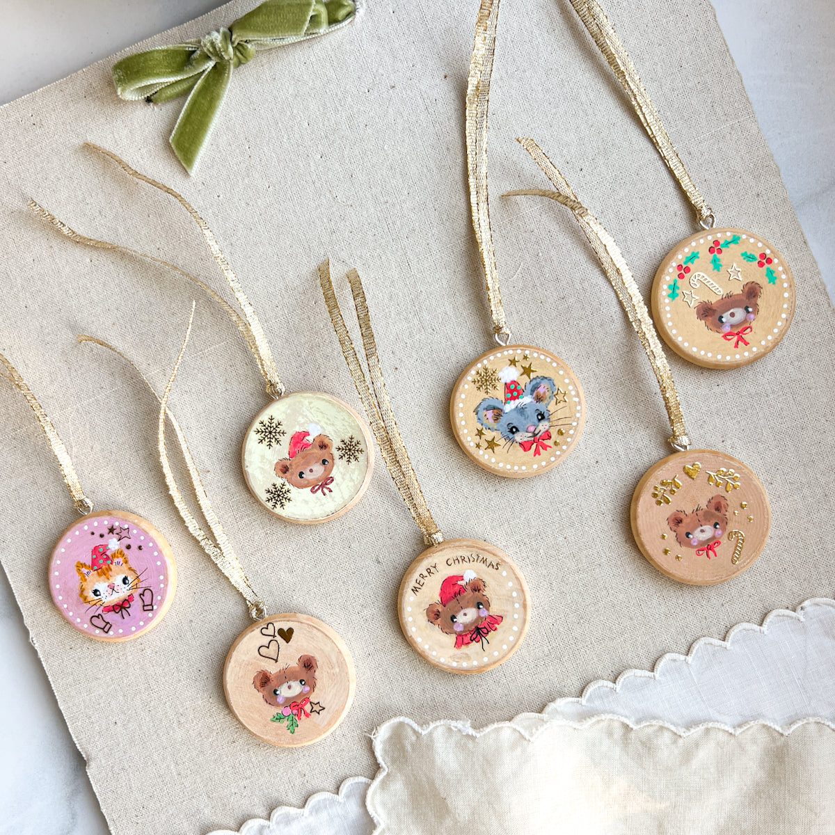 Holiday Christmas Hand-Painted Round Wood Tag Gift Topper Ornaments - Choose Style