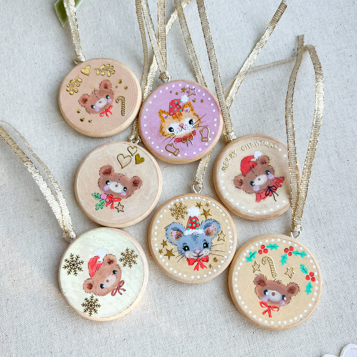 Holiday Christmas Hand-Painted Round Wood Tag Gift Topper Ornaments - Choose Style