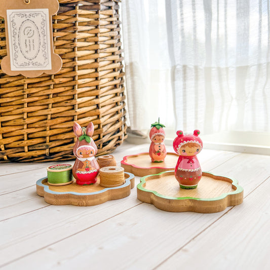 Hand Painted Strawberry Girl Thread Spool Wood Tray | Choose Style