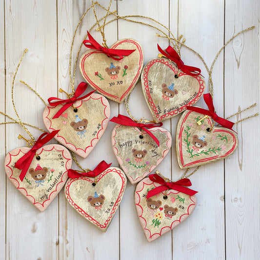 Hand-painted Valentine Heart and Key Ornaments | Choose Bear Style