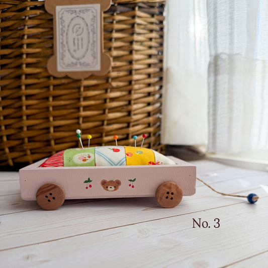 Pink Wood Wagon Pin Cushion | Cherry Bear No.3