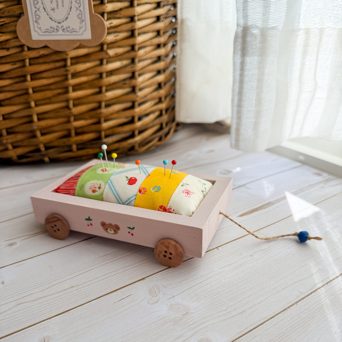 Pink Wood Wagon Pin Cushion | Cherry Bear No.3