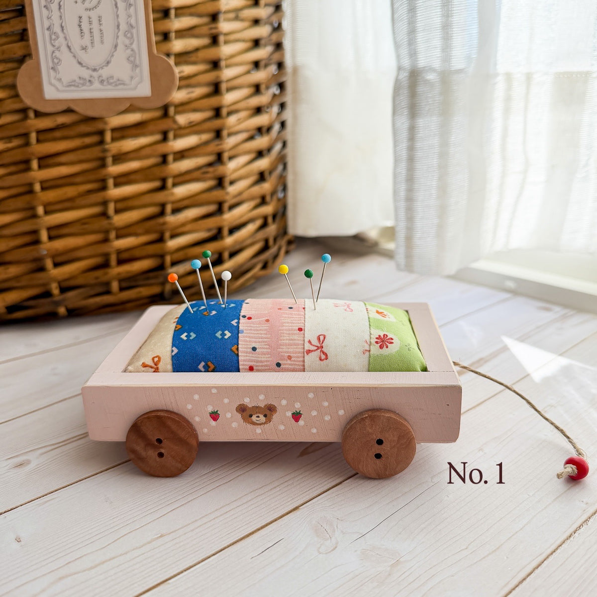 Pink Wood Wagon Pin Cushion | Strawberry Bear No.1