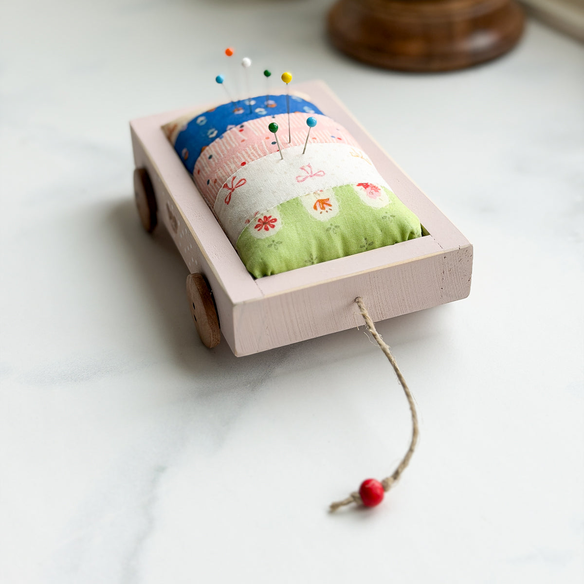 Pink Wood Wagon Pin Cushion | Strawberry Bear No.1