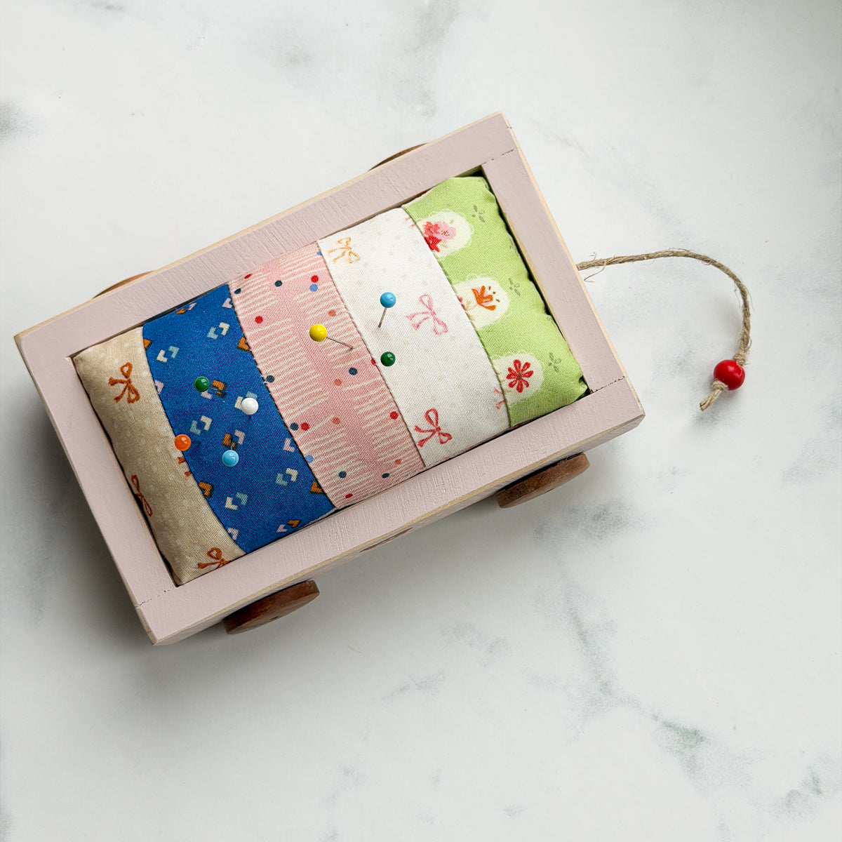 Pink Wood Wagon Pin Cushion | Strawberry Bear No.1