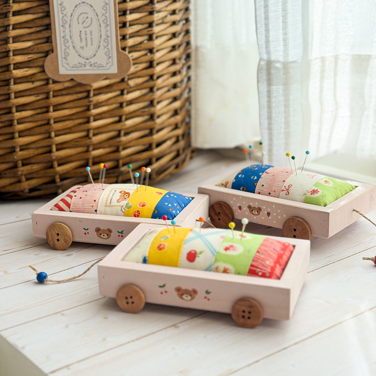 Pink Wood Wagon Pin Cushion | Cherry Bear No.3