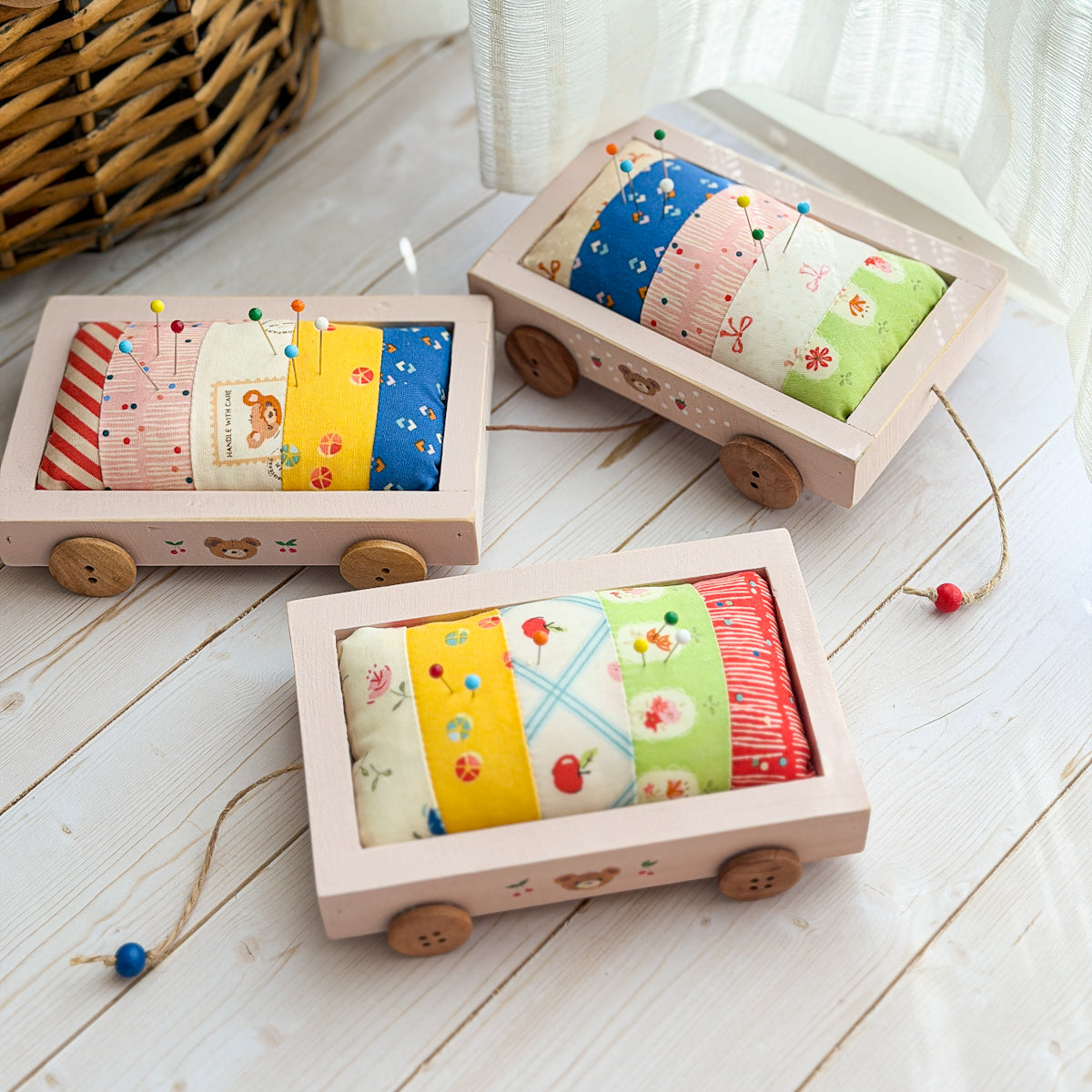 Pink Wood Wagon Pin Cushion | Cherry Bear No.3