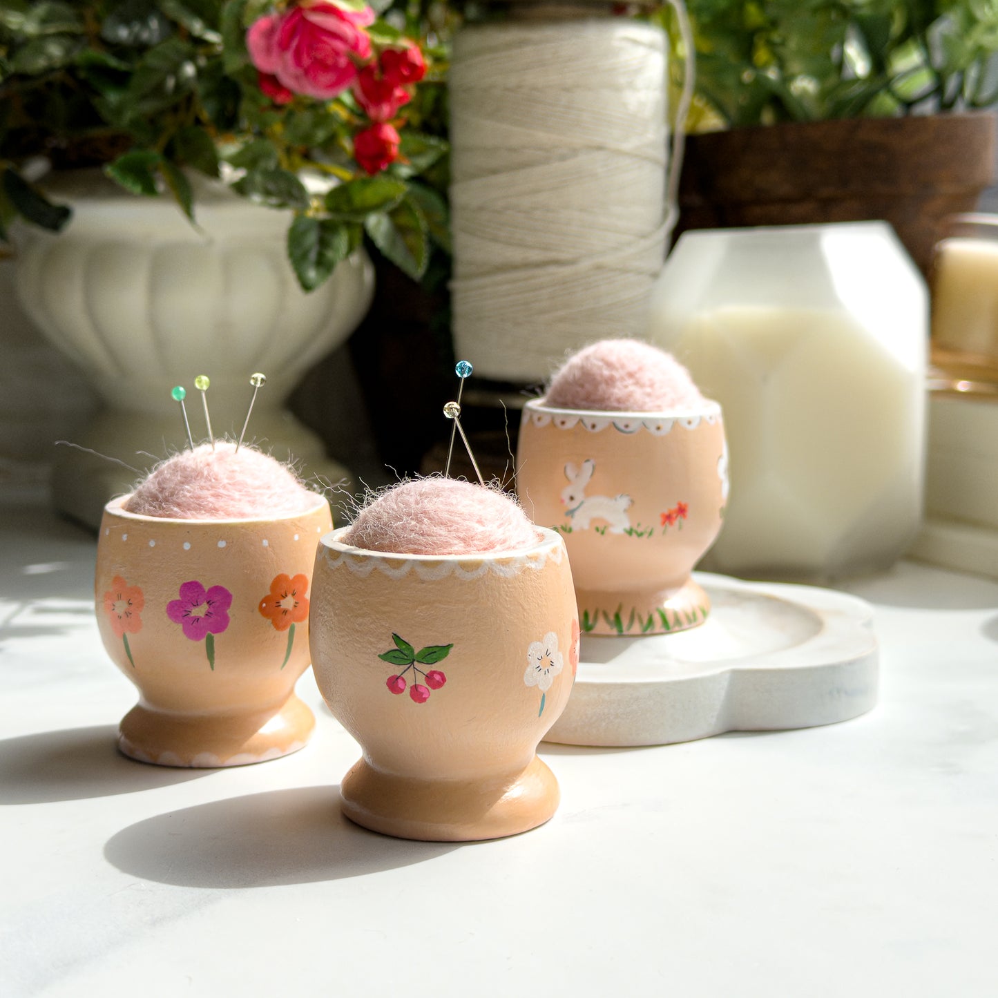 Hand Painted Wood Egg Cup Pin Cushion | Choose Style