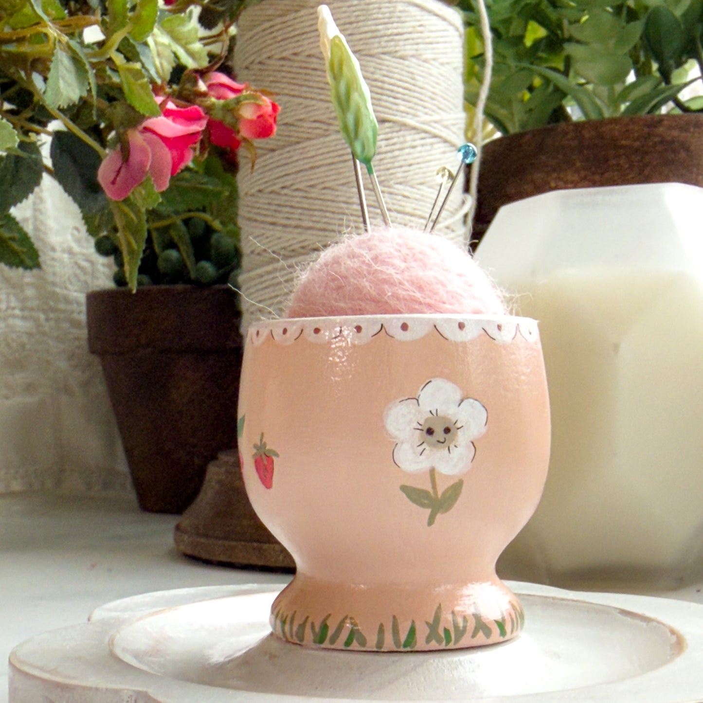 Hand Painted Wood Egg Cup Pin Cushion Flower Tray | No.18