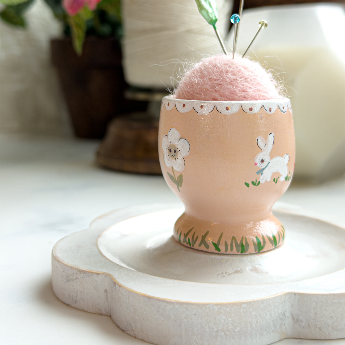 Hand Painted Wood Egg Cup Pin Cushion Flower Tray | No.18