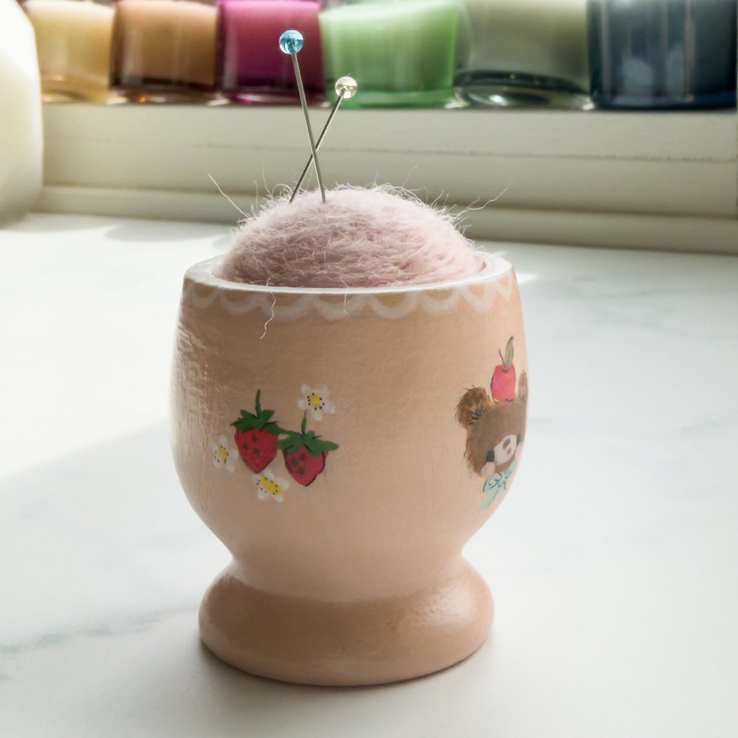 Hand Painted Wood Egg Cup Pin Cushion | Choose Style