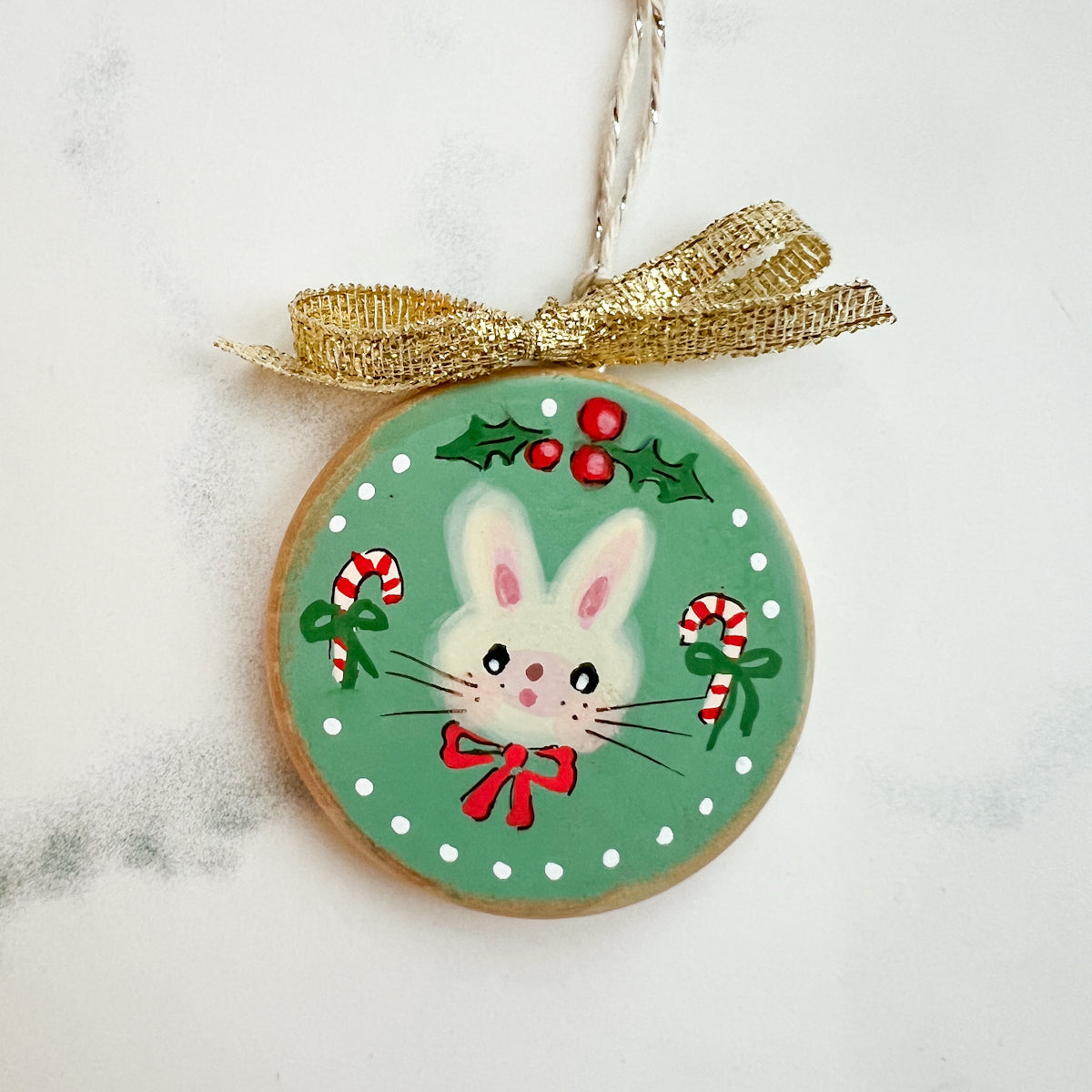 Holiday Christmas Hand-Painted Round Wood Tag Gift Topper Ornaments - Bunny