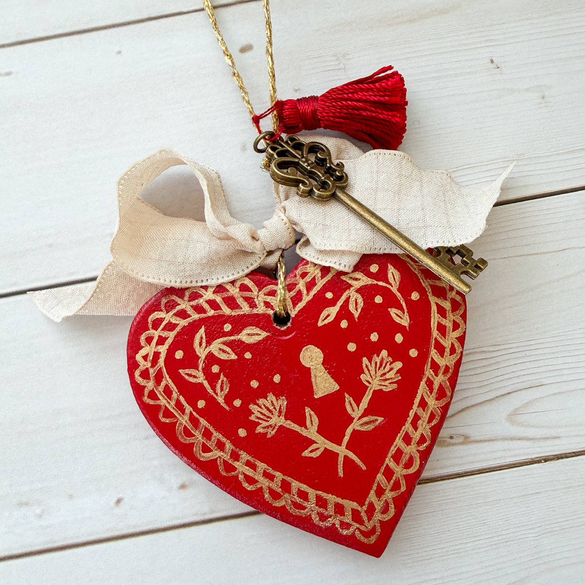 Hand-painted Valentine Heart and Key Ornaments | Choose Style