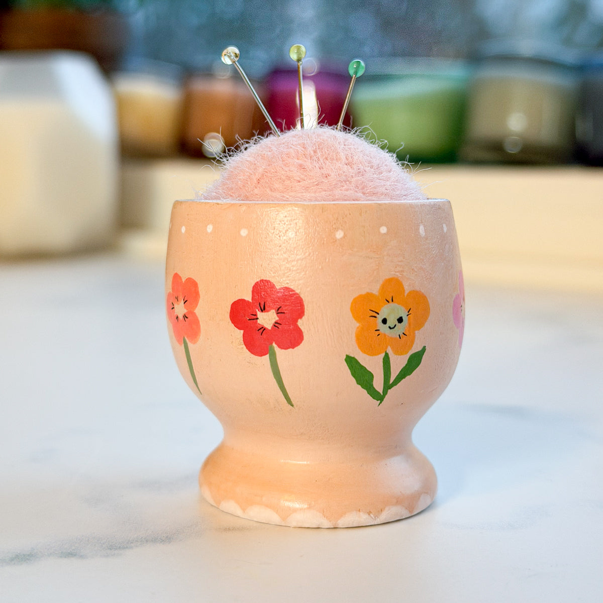 Hand Painted Wood Egg Cup Pin Cushion | Choose Style