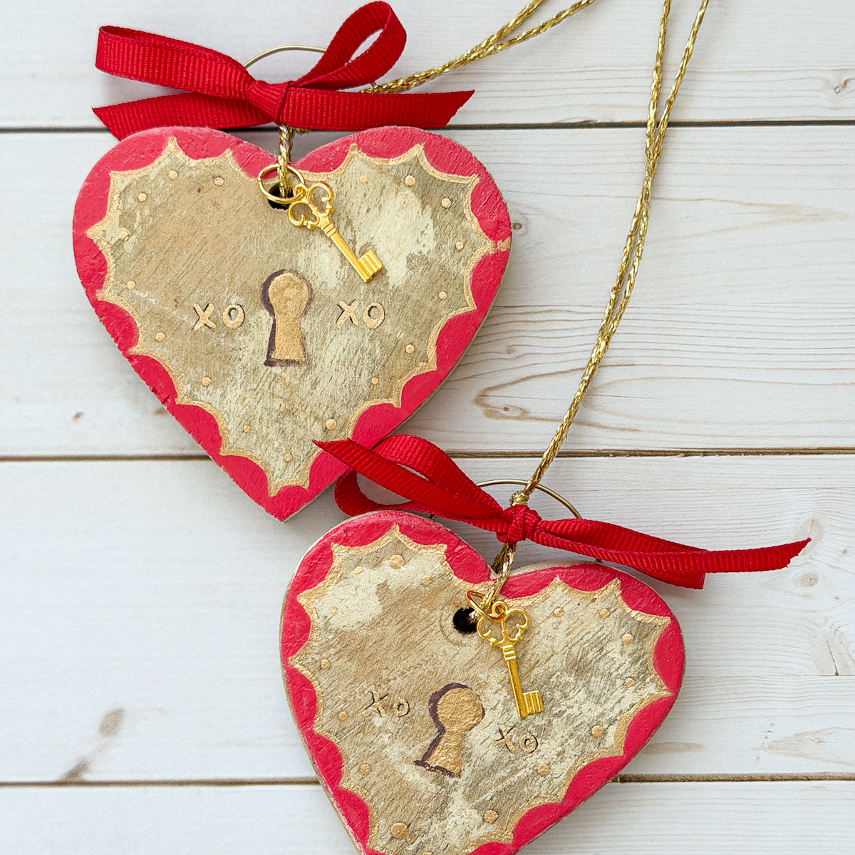 Hand-painted Valentine Heart and Key Ornaments | Choose Style