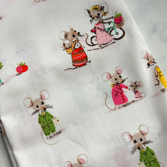 Heather Ross Trixie Mice on White | Fat Quarter
