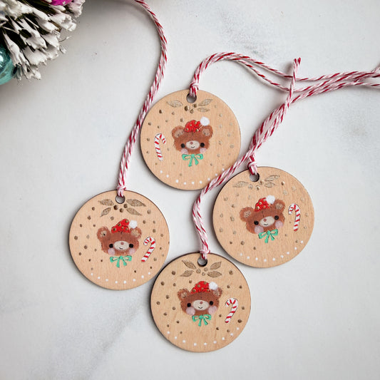 Holiday Christmas Bear Hand Painted Round Wood Tag Label Gift Topper Ornament | Choose color