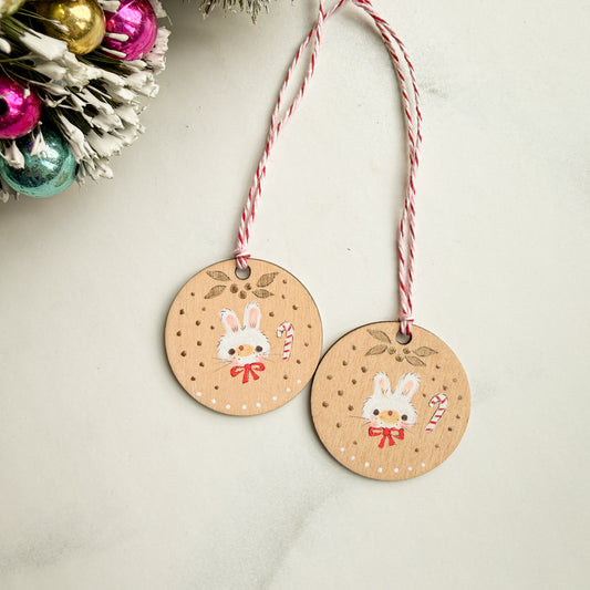 Holiday Christmas Bunny Hand Painted Round Wood Tag Label Gift Topper Ornament | Choose color