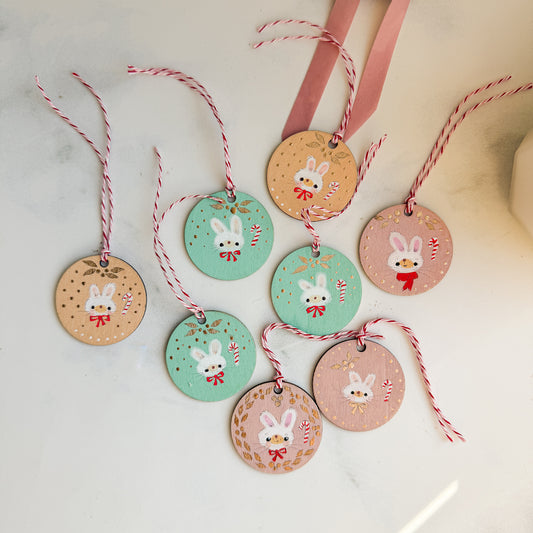 Holiday Christmas Bunny Hand Painted Round Wood Tag Label Gift Topper Ornament | Choose color