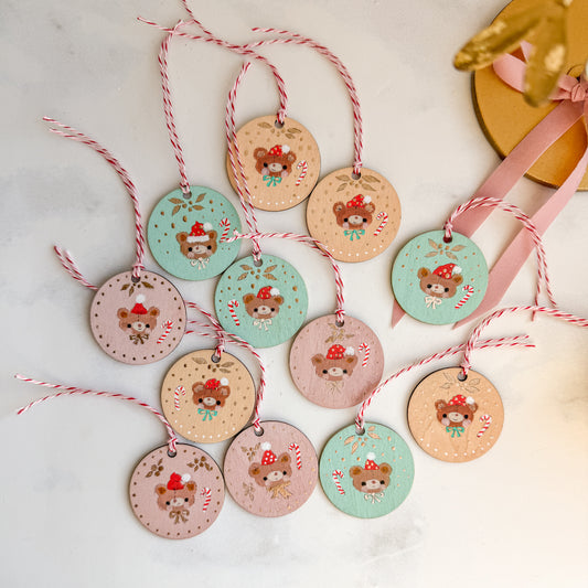 Holiday Christmas Bear Hand Painted Round Wood Tag Label Gift Topper Ornament | Choose color