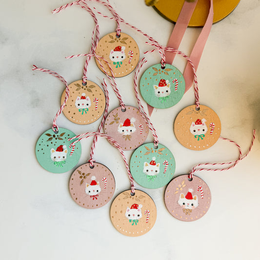 Holiday Christmas Kitty Hand Painted Round Wood Tag Label Gift Topper Ornament | Choose color