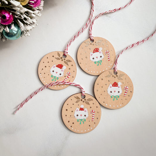 Holiday Christmas Kitty Hand Painted Round Wood Tag Label Gift Topper Ornament | Choose color