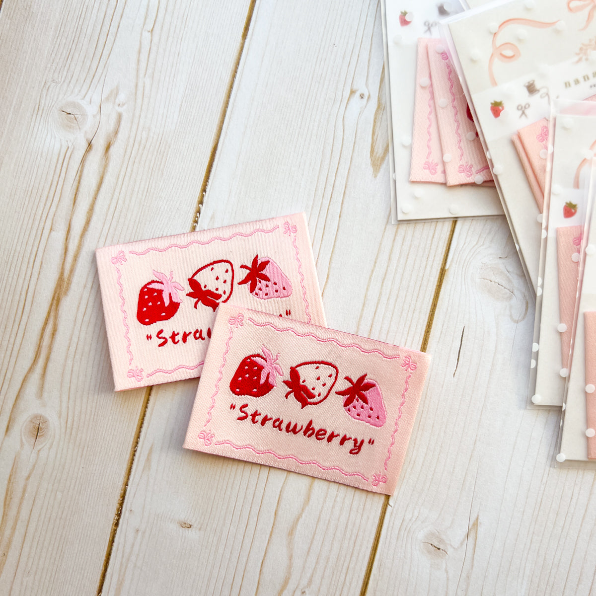 Large Pink Strawberry Woven Labels | Set of two labels