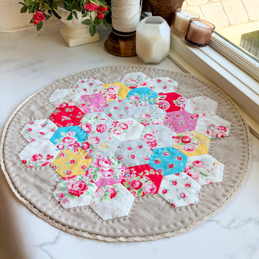Hand-pieced EPP Lecien Sugar Flower Hexagon Linen Quilted Mat or Table Cover