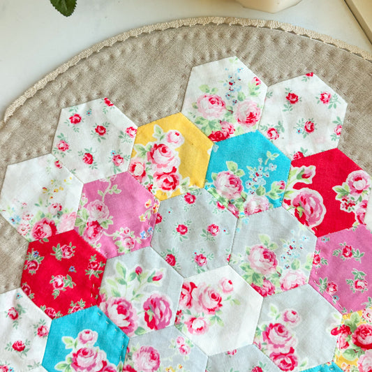Hand-pieced EPP Lecien Sugar Flower Hexagon Linen Quilted Mat or Table Cover