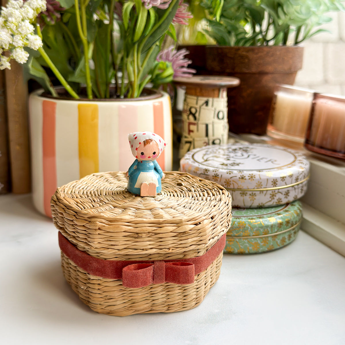 Little Blue Girl on Vintage Lidded Raffia Basket