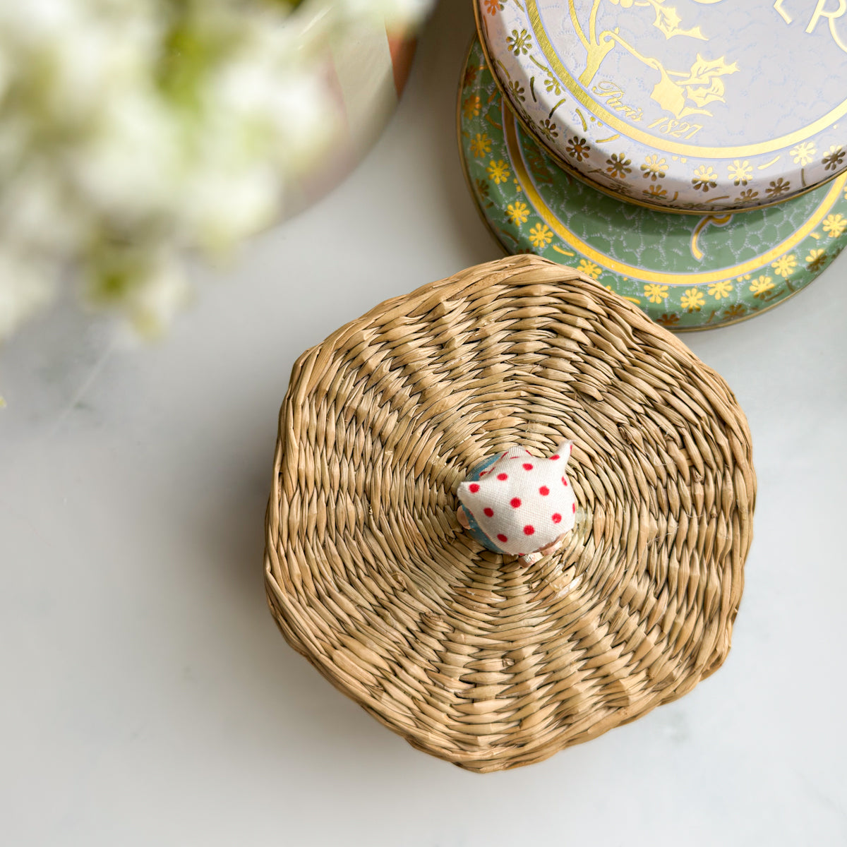 Little Blue Girl on Vintage Lidded Raffia Basket