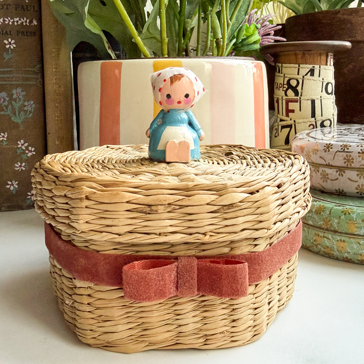 Little Blue Girl on Vintage Lidded Raffia Basket