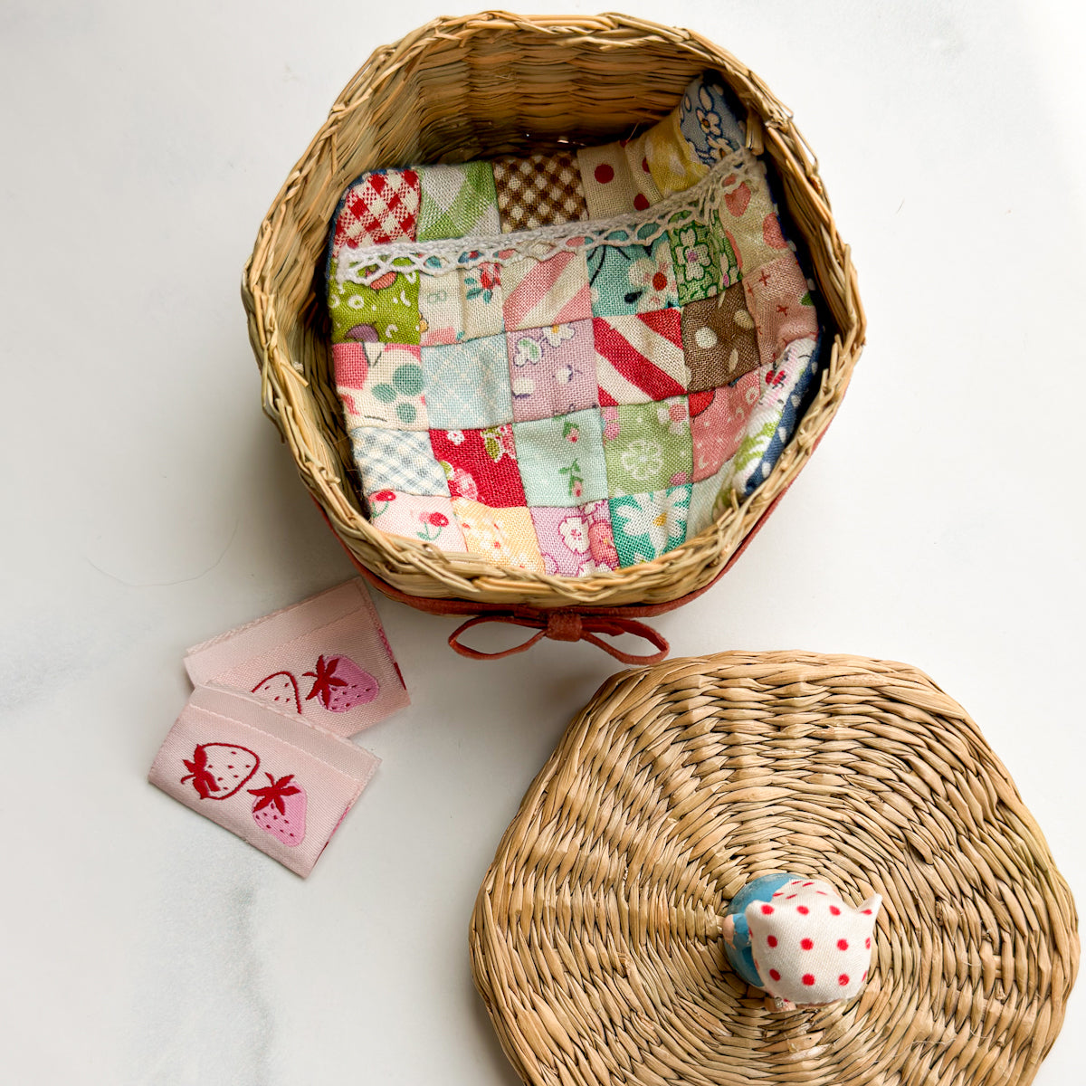 Little Blue Girl on Vintage Lidded Raffia Basket