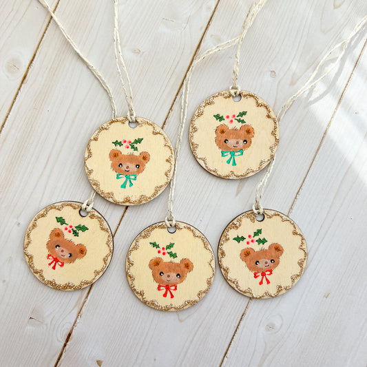 Sparkly Holiday Christmas Bear Hand Painted Round Wood Tag Label Gift Topper Ornament-Gold Scallop