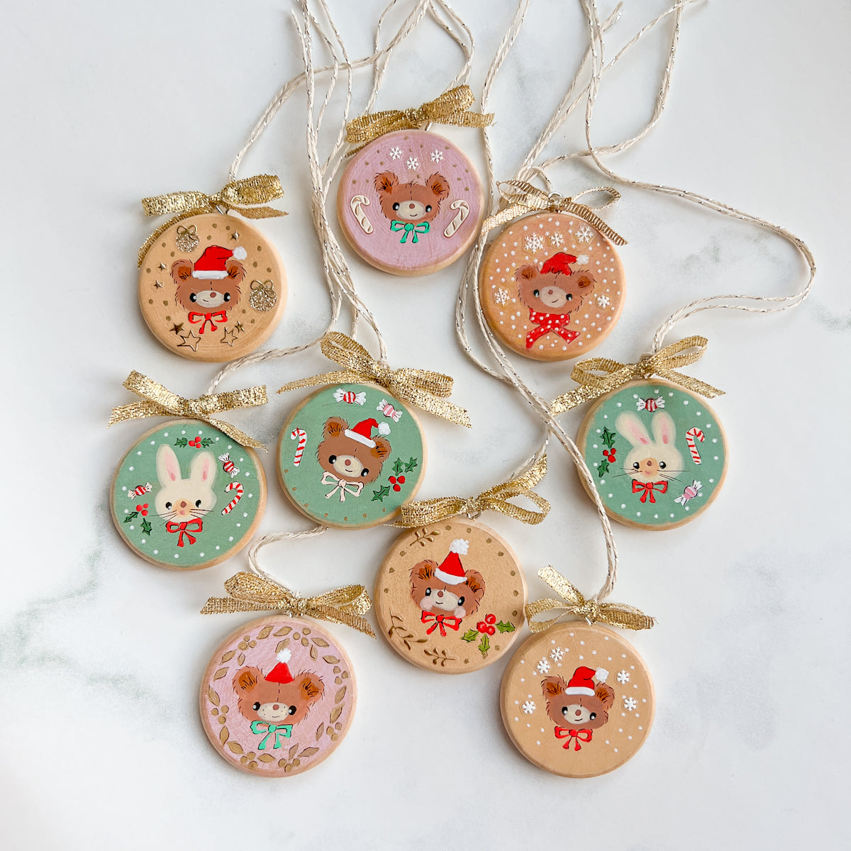 Holiday Christmas Hand-Painted Round Wood Tag Gift Topper Ornaments - Choose Style No.13-22