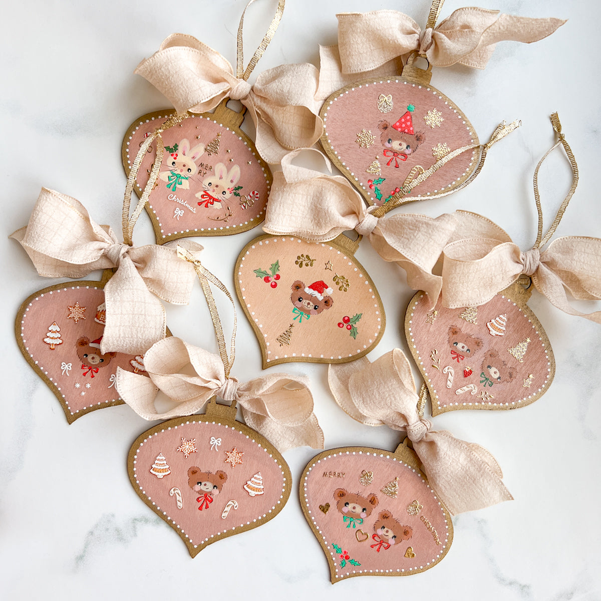 Golden Holiday Christmas Hand-Painted Wood Tag Gift Topper Ornaments - Choose Style No.1-7