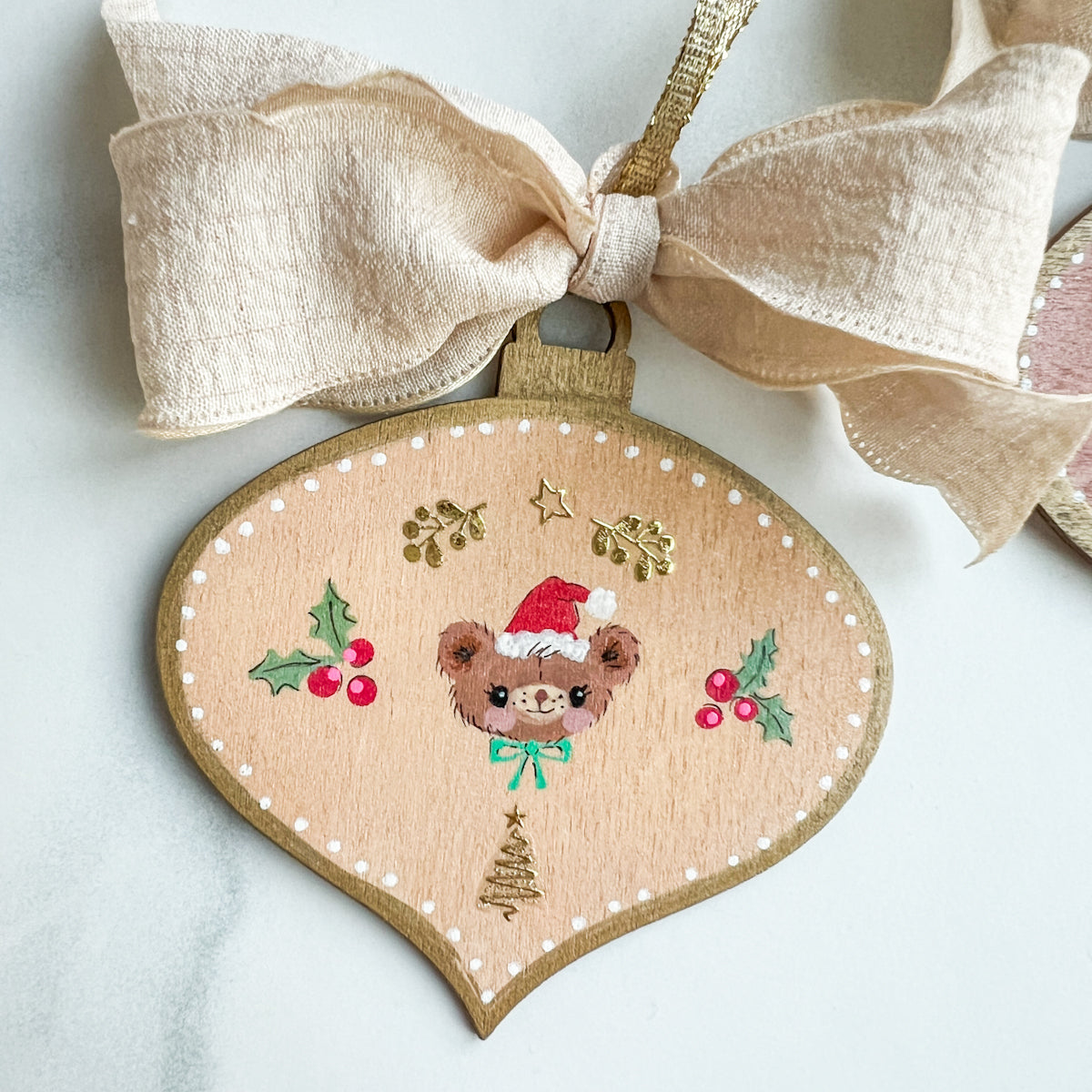 Golden Holiday Christmas Hand-Painted Wood Tag Gift Topper Ornaments - Choose Style No.1-7