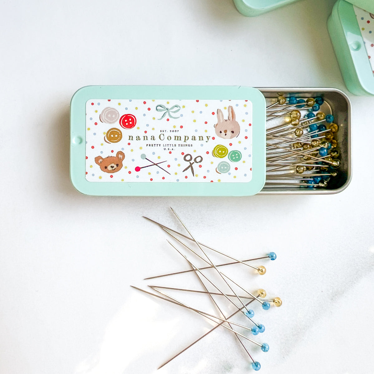 Fine Glass Head Pins -Blue & Clear- in nanaCompany Mint Green Tin