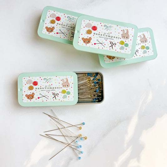 Fine Glass Head Pins -Blue & Clear- in nanaCompany Mint Green Tin